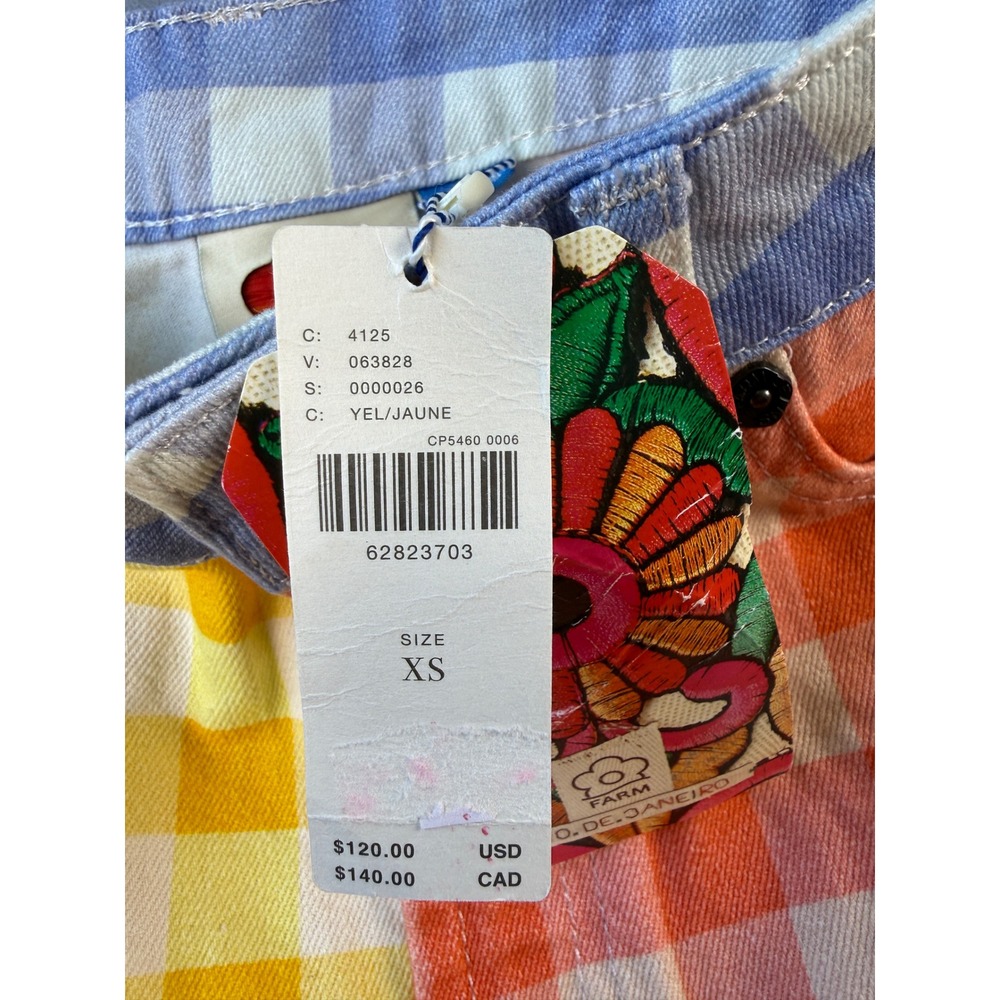 Farm Rio for Anthropologie Gingham Colorblock Denim Shorts Yellow Orange XS NEW - Picture 6 of 8
